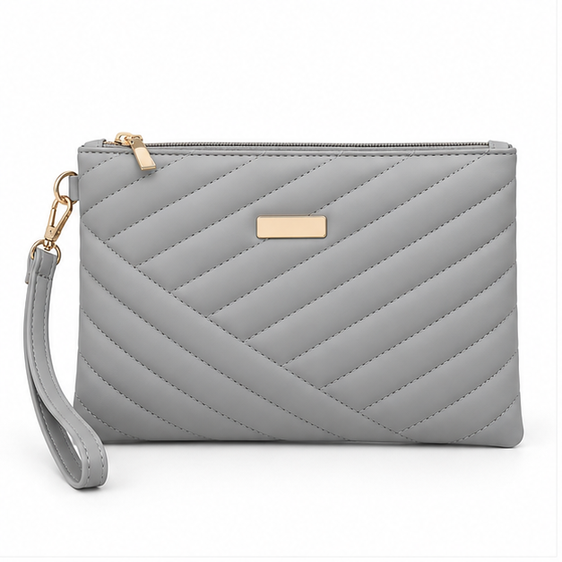 Grey Quilted Wristlet Clutch Bag Purse