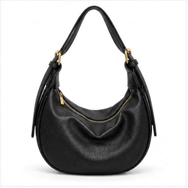 Black Pebbled Leather Crescent Shoulder Bag