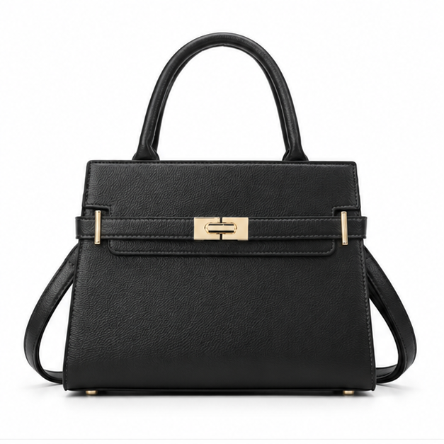 Black Structured Leather Gold Lock Handbag