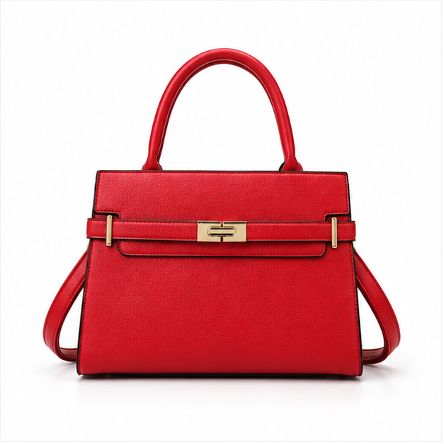 Red Structured Leather Gold Clasp Handbag