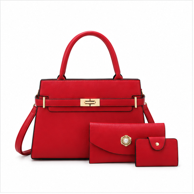 Red Structured Handbag With Matching Accessories