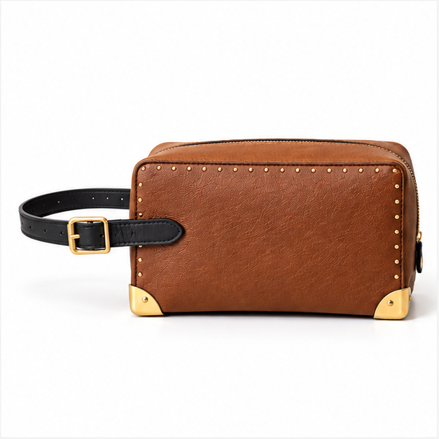 Cognac Studded Leather Wristlet Crossbody Bag