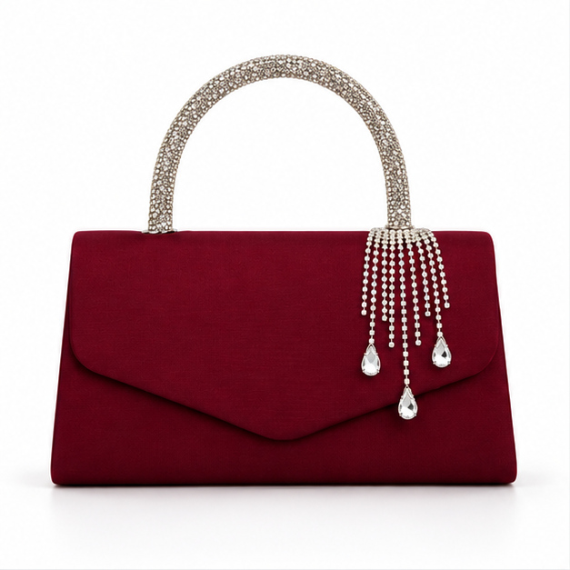 Burgundy Crystal Handle Evening Clutch Handbag