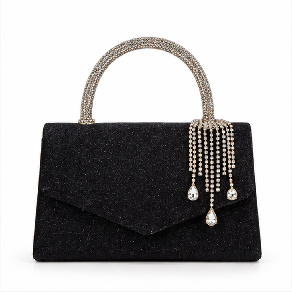 Black Crystal Handle Glitter Evening Handbag