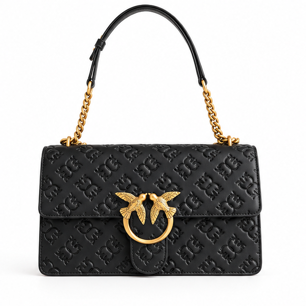 Black Embossed Gold Clasp Shoulder Bag