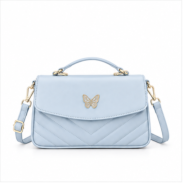 Ice Blue Butterfly Quilted Shoulder Handbag