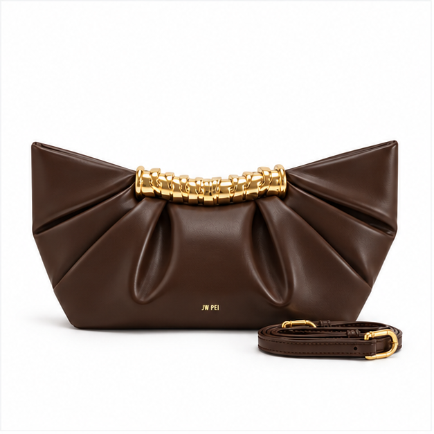Chocolate Pleated Gold Handle Evening Bag
