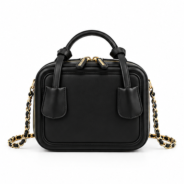 Black Structured Chain Strap Handbag Purse