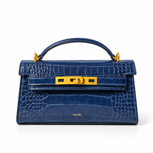 Navy Croc Embossed Structured Handle Handbag