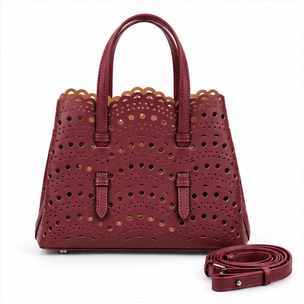Burgundy Laser Cut Structured Tote Handbag