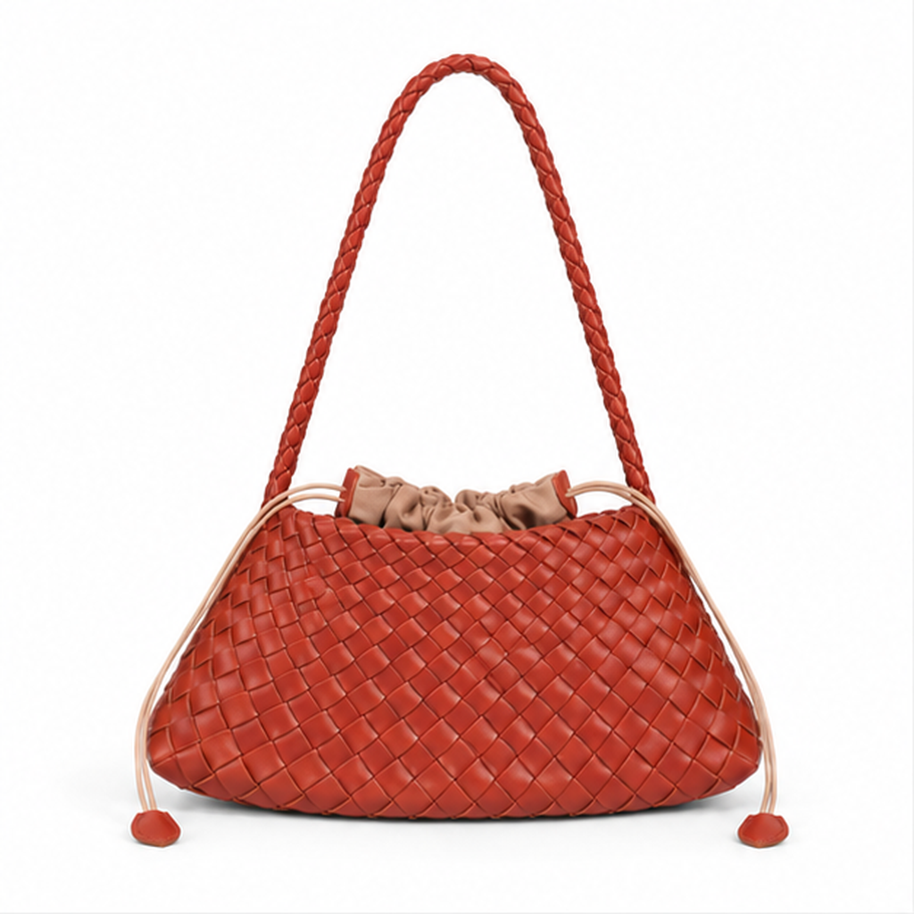 Woven Leather Drawstring Shoulder Bag
