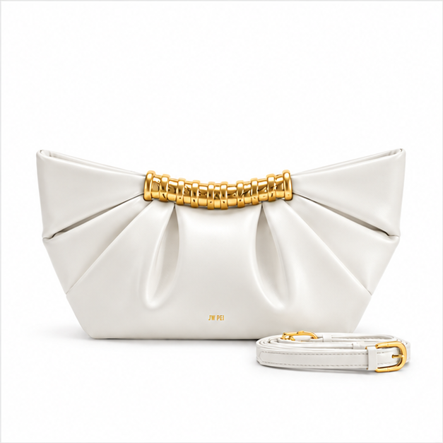 White Pleated Gold Accent Clutch Bag