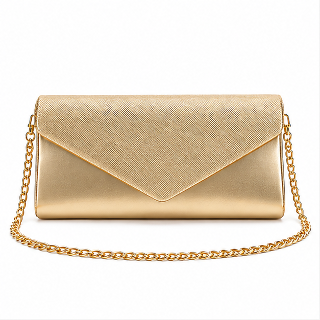 Gold Envelope Clutch With Chain Strap