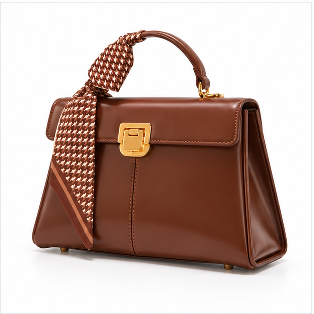 Elegant Brown Scarf Accent Structured Handbag