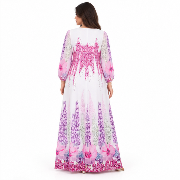 White Kaftan With Rose Red Florals