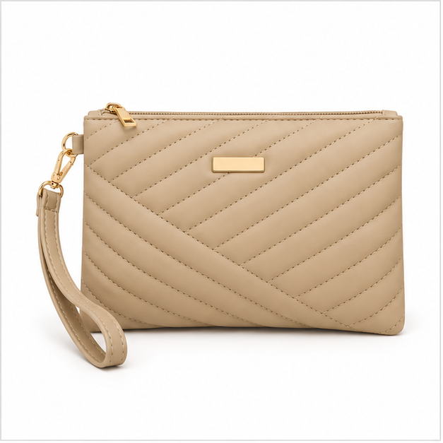 Khaki Quilted Chevron Wristlet Clutch Bag