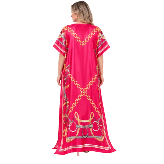 Elegant Red Chain Print Silk Satin Kaftan