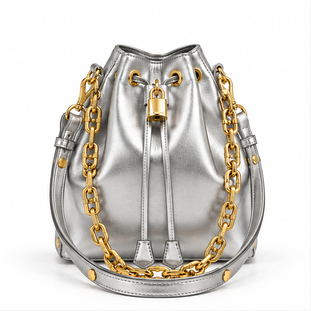 Metallic Silver Drawstring Bucket Bag
