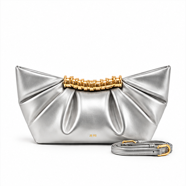 Silver Pleated Gold Accent Evening Clutch Bag