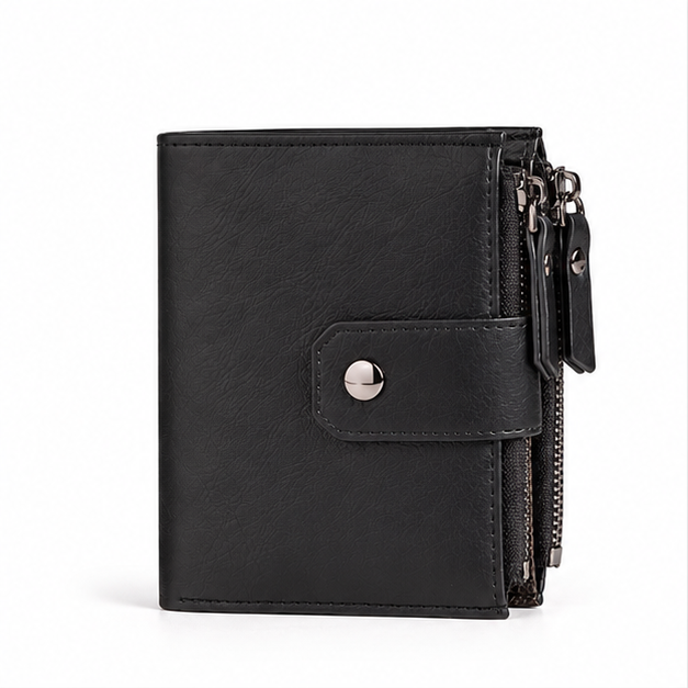 Black Leather Dual Zip Compact Wallet