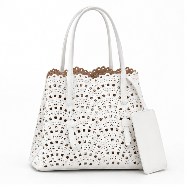 Elegant White Laser Cut Tote Handbag
