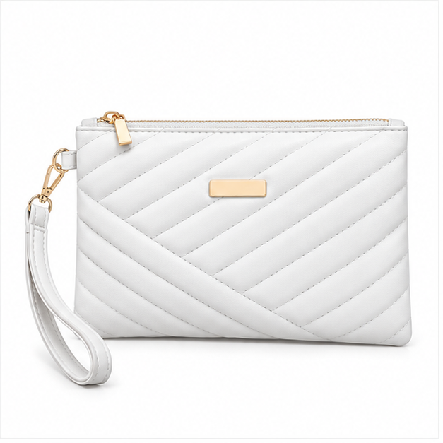 White Quilted Wristlet Clutch Bag Purse