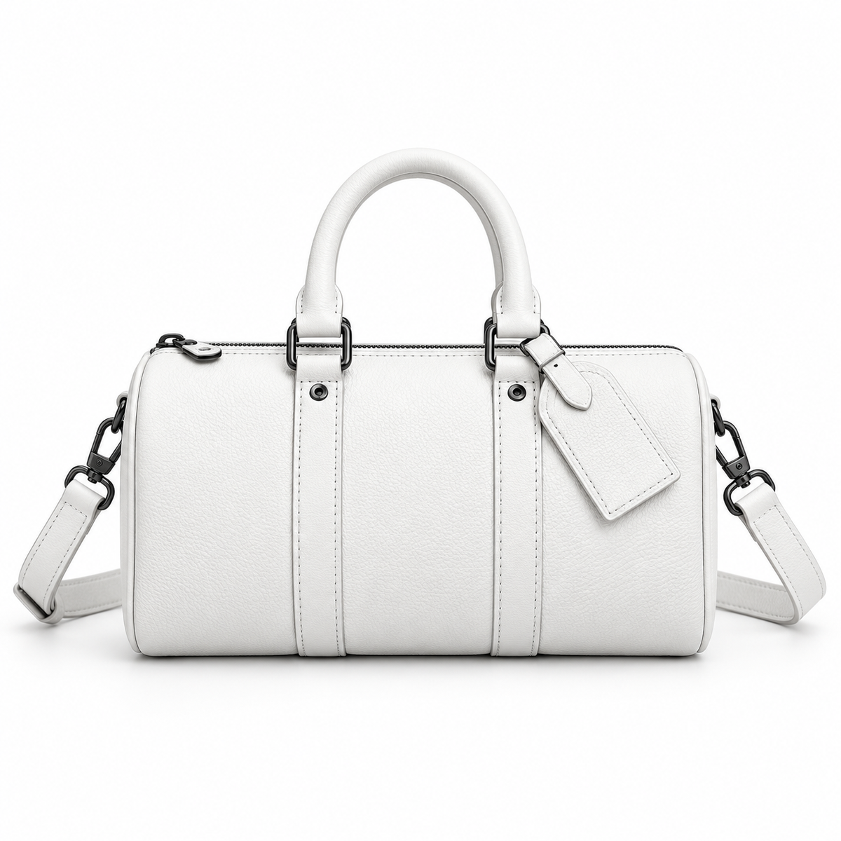White Textured Barrel Handbag With Strap