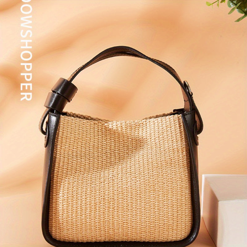 Light Luxury Woven Bag | Spliced Leather Women's Handbag with All Senior Sense Small Square Bag Crossbody Straw Bag