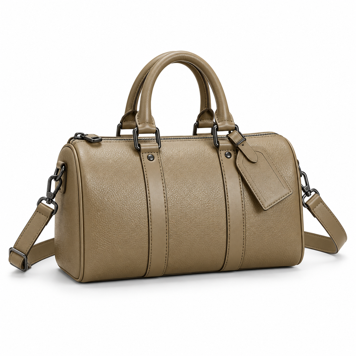Khaki Textured Boston Bag With Strap