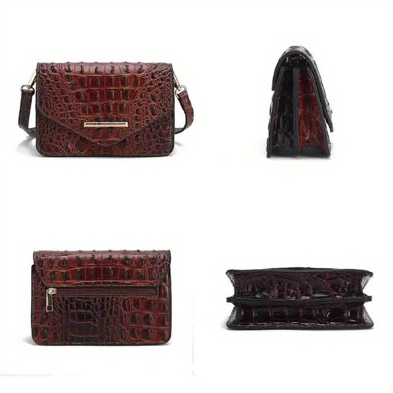 Saddle Croc-Embossed Leather Crossbody Shoulder Bag - Top-Grain Genuine Leather, Detachable Strap, Zipper Closure