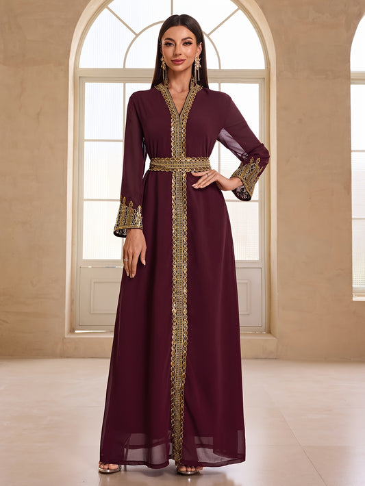 Elegant Women's Banquet Evening Modern Abaya - Maroon Chiffon with Golden Lace Embroidery, Stand Collar, Long Sleeves, and Waistband, Perfect for Formal Events, Formal Evening Wear