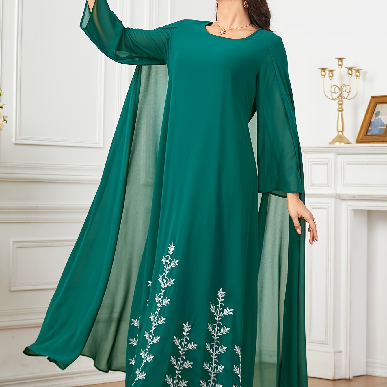 Polyester Traditional Abaya Dress - Solid Color Round Neck Embroidered Long Sleeve with Cape, Regular Fit, All-Season, Middle Eastern Cultural Apparel