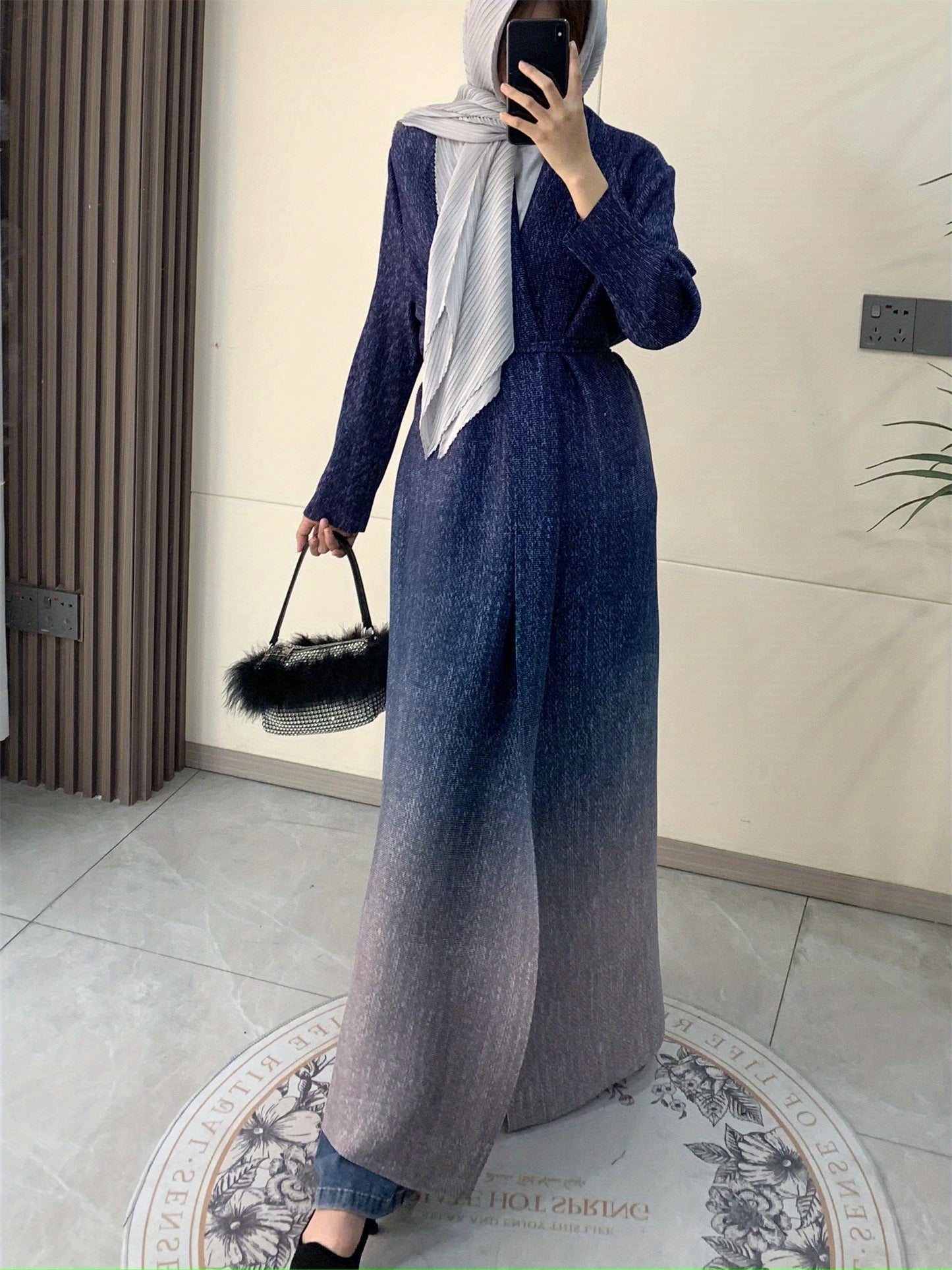 Miyake Women's Arab Noble Style Abaya Robe - High Stretch Pleated Long Sleeve Cloak with Adjustable Waist Belt, Geometric Print Ombre Blue to Grey, Machine Washable Lightweight Luxury for Eid