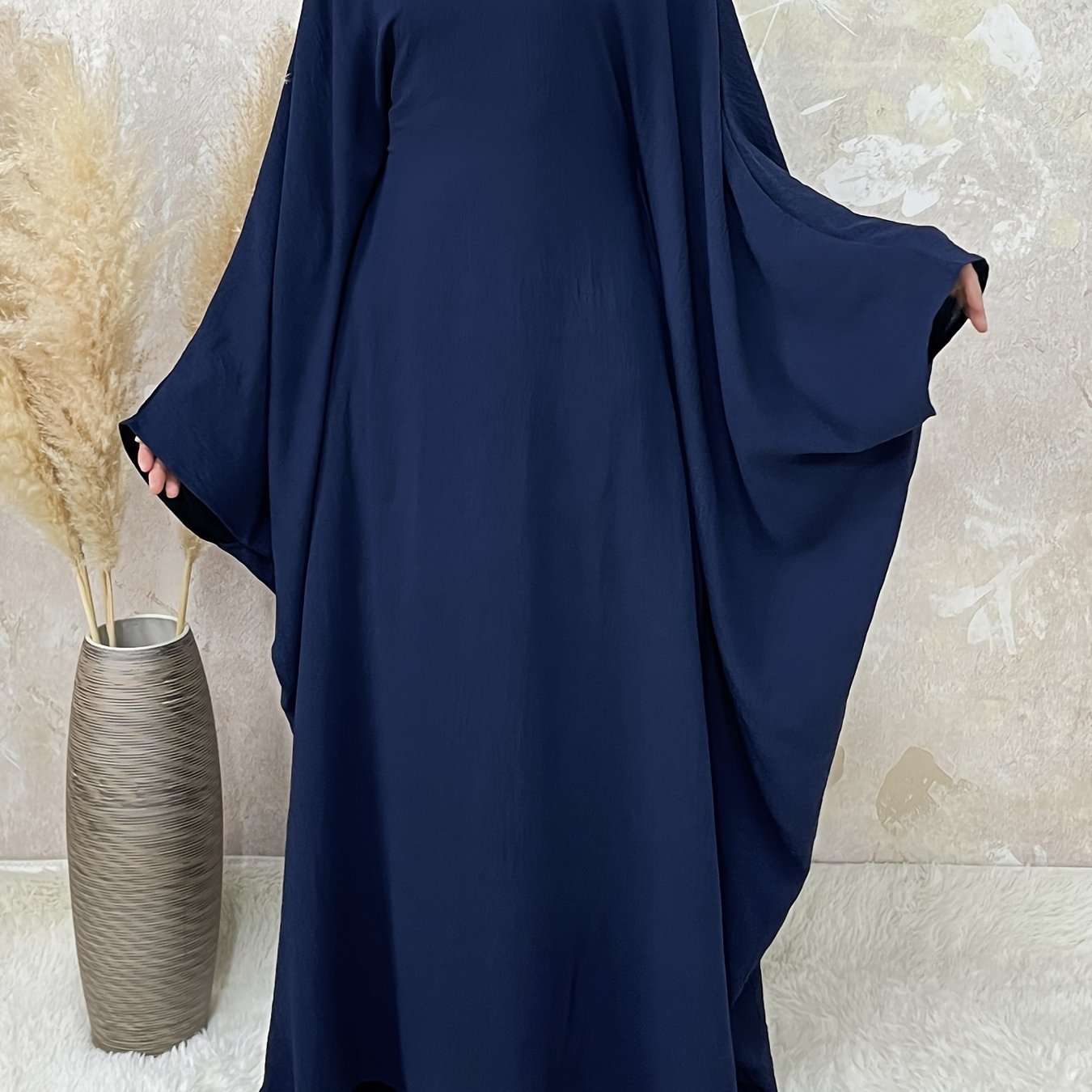Women's Vintage Arabic Abaya Dress - Ramadan Modest Batwing Sleeve Long Dress with Waist Belt, Loose Fit Solid Black, Faux Pockets for All-Season Wear, Muslim Dress, Modest Apparel