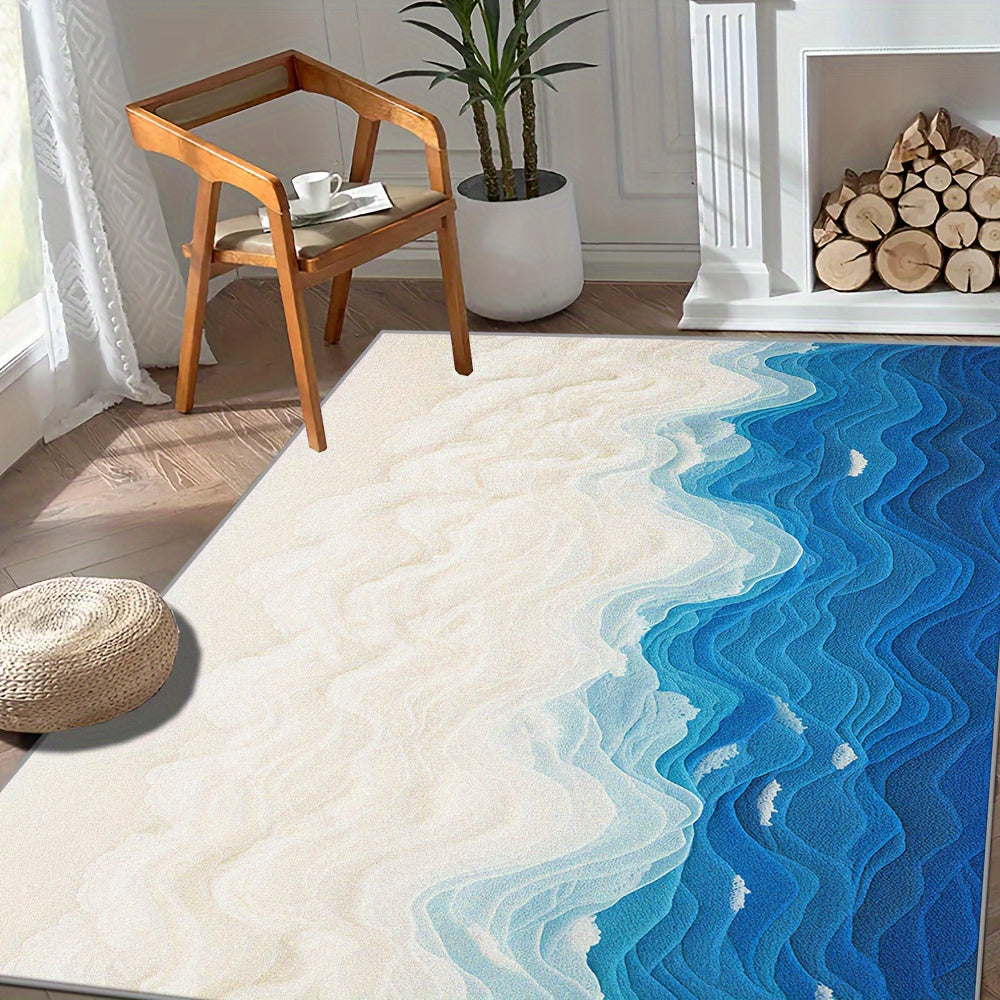 This Is a Large Floor Mat Designed with a Beautiful Seawater Beach Pattern, Featuring a Easy Style And Exquisite Hemming. It Is Made of Faux Cashmere with a Weight of 1200G Per Square Meter And a Thickness of 8.6Mm. The Rug I