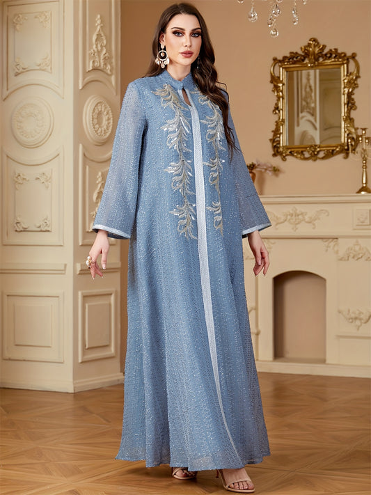 Ramadan Dubai Sequins Long Dress for Muslim Women - Elegant Modern Abaya with Bright Line Decoration, 100% Polyester, Long Sleeve & Belted Waist, Conservative Modest Casual Wear