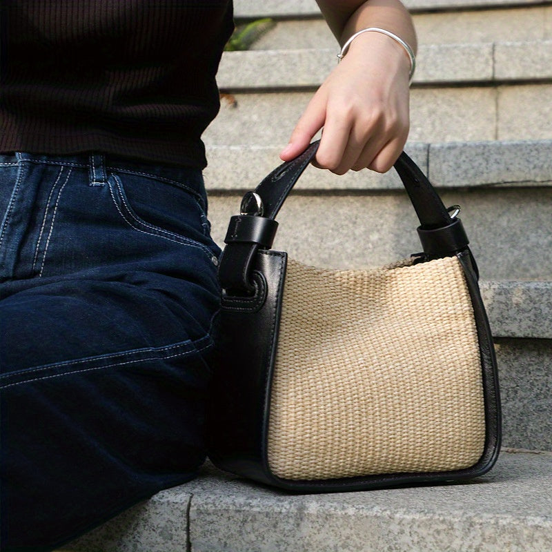 Light Luxury Woven Bag | Spliced Leather Women's Handbag with All Senior Sense Small Square Bag Crossbody Straw Bag