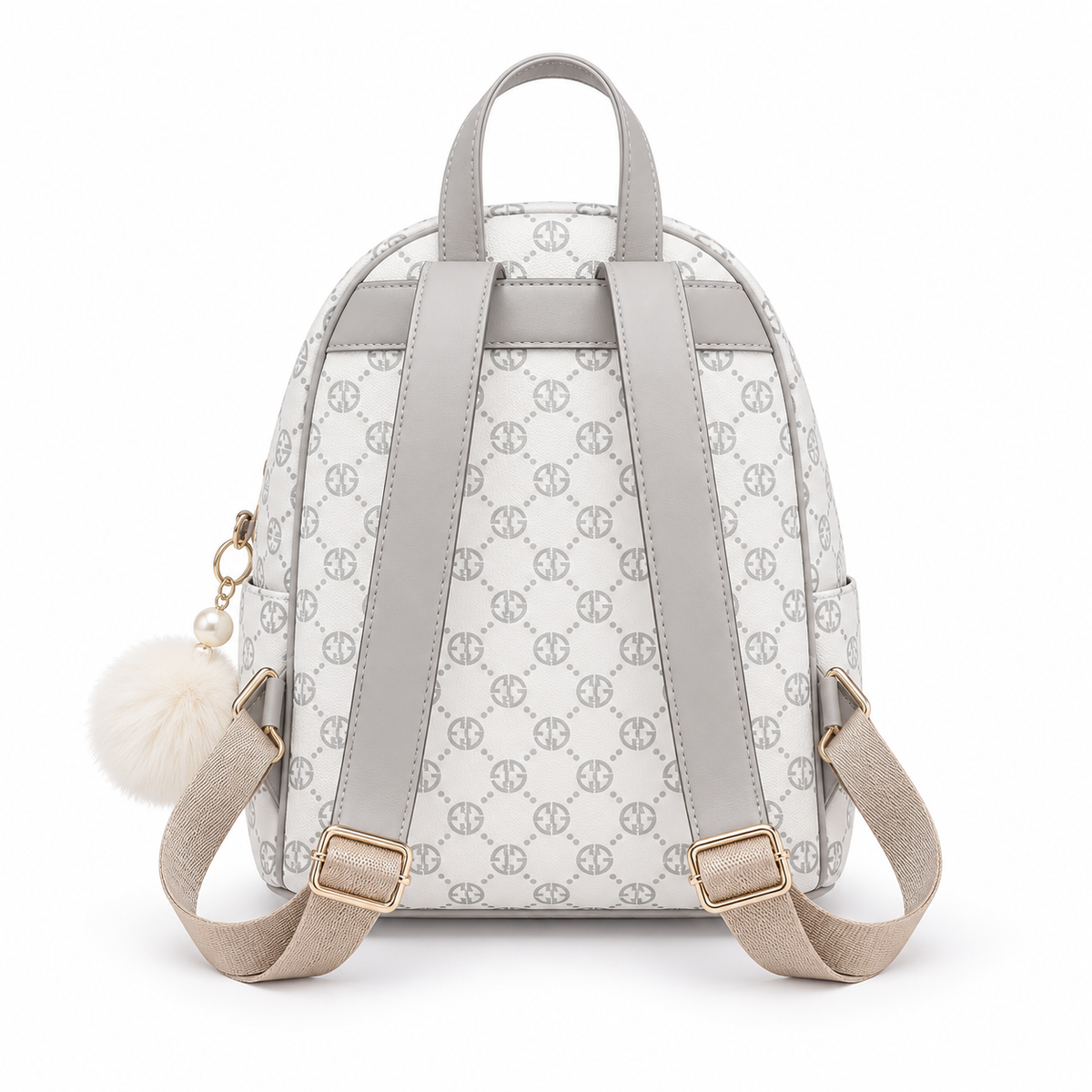 Elegant White Monogram Backpack With PomPom