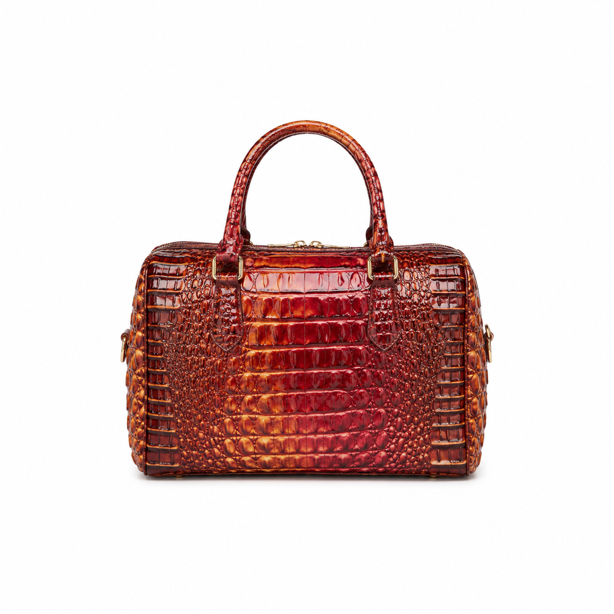 Glossy Crocodile-Embossed Boston Satchel Handbag