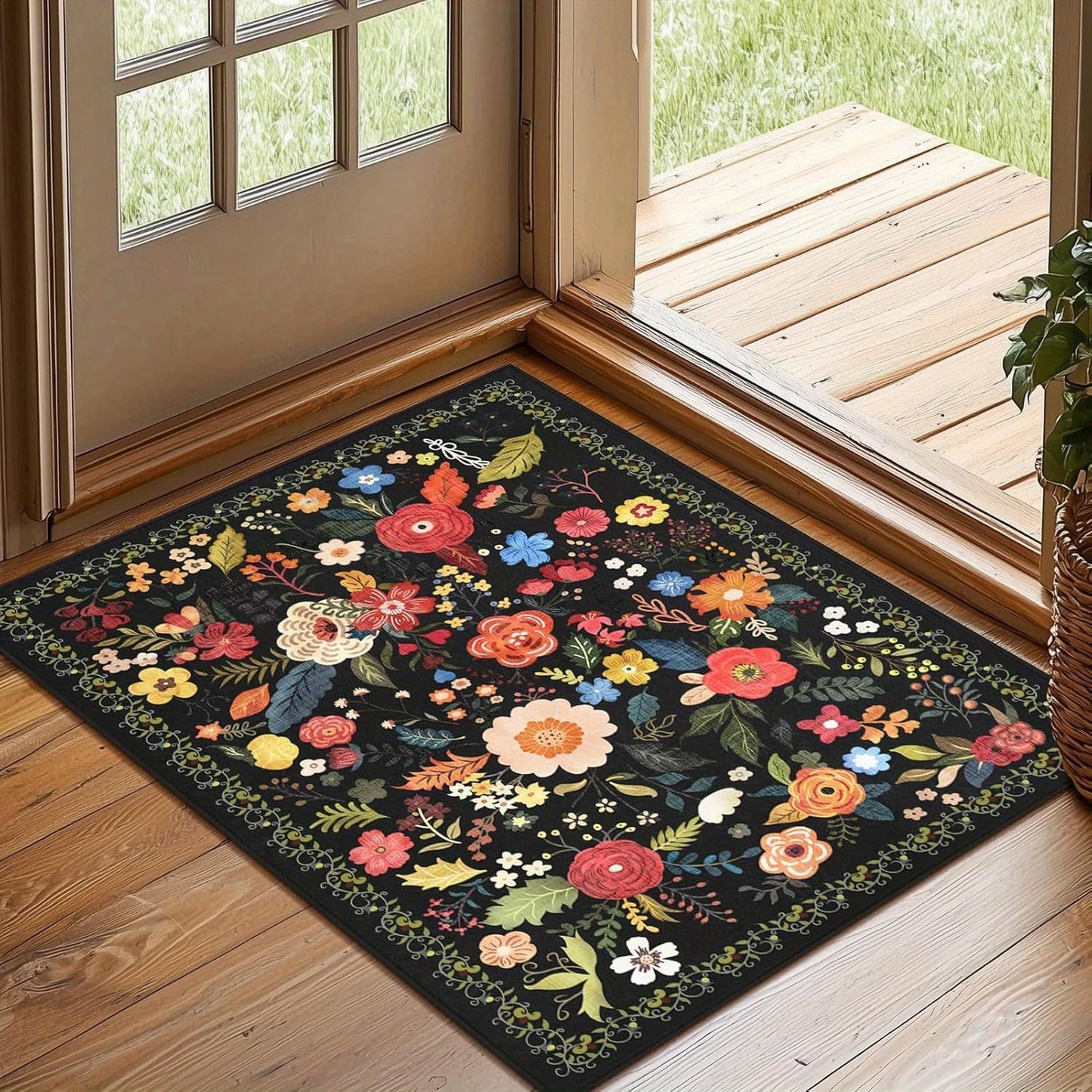 Boho Floral Rugs Door Mat, Living Room and Bedroom Decoration Mat - Home Decoration -Anti-Slip, Washable Entrance Mat with Rubber Backing, Durable Polyester, Ideal for Living Room, Bathroom, Kitchen, Laundry
