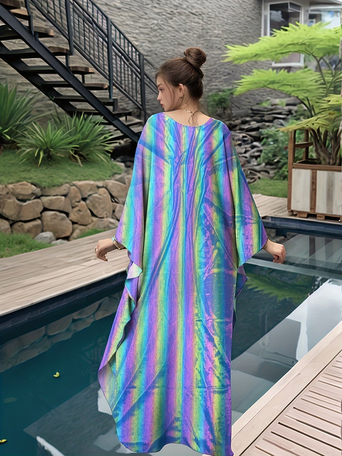 Kaftan Dresses For Women Sparkly Glitter Batwing Sleeve Kaftan Cover Up Beach Maxi Dress Loungewear