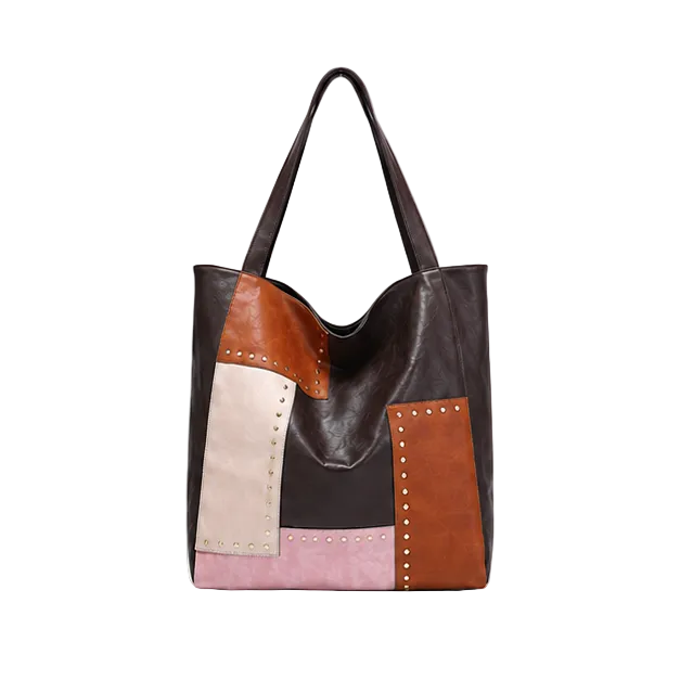 Patchwork Studded Leather Shoulder Tote Bag