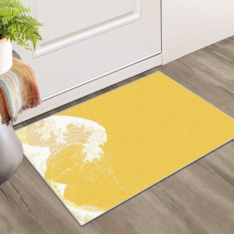1pc Coastal Area Mat - Lightweight Machine-Washable Mat with Non-Slip Backing, Easy-Clean Floor Mat for Living Room, Bedroom, Bathroom, Kitchen - Modern Coastal Decor in Yellow & White, Durable Indoor/Outdoor Mat for Home, Of