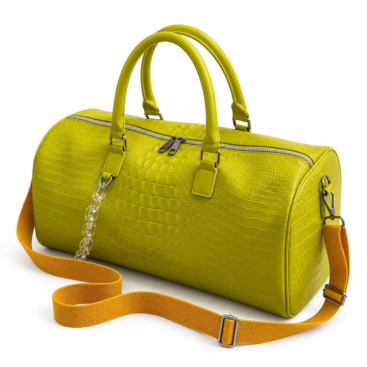 Chartreuse Crocodile Embossed Leather Duffel Bag