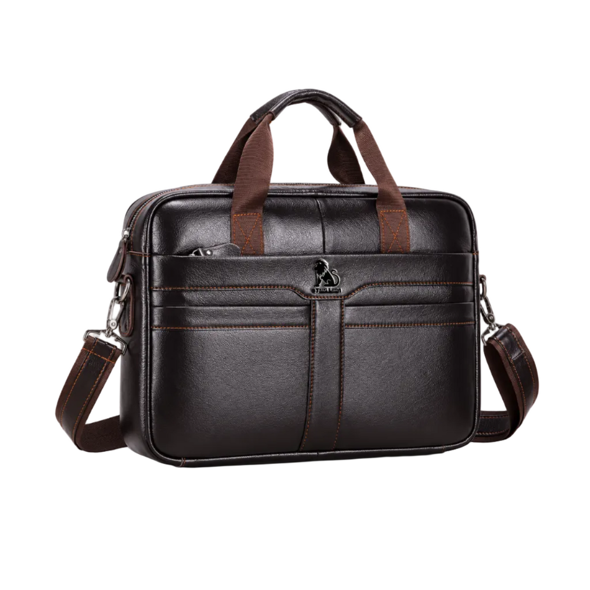 Classic Coffee Leather Briefcase With Strap