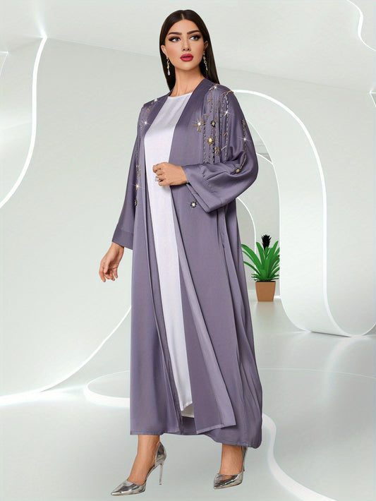Elegant Green & White Long Tunic Dress with Beaded Detail - Casual Turkish Abaya Style, Long Sleeve, Floor-Length, Perfect for Spring/Summer, Casual Summer Wear | Elegant Long Dress | Texture