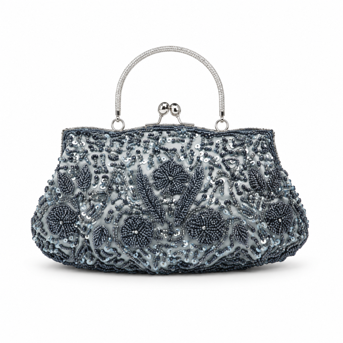 Vintage Silver Blue Beaded Floral Evening Handbag