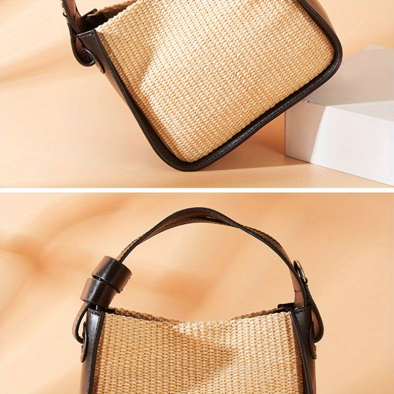 Light Luxury Woven Bag | Spliced Leather Women's Handbag with All Senior Sense Small Square Bag Crossbody Straw Bag