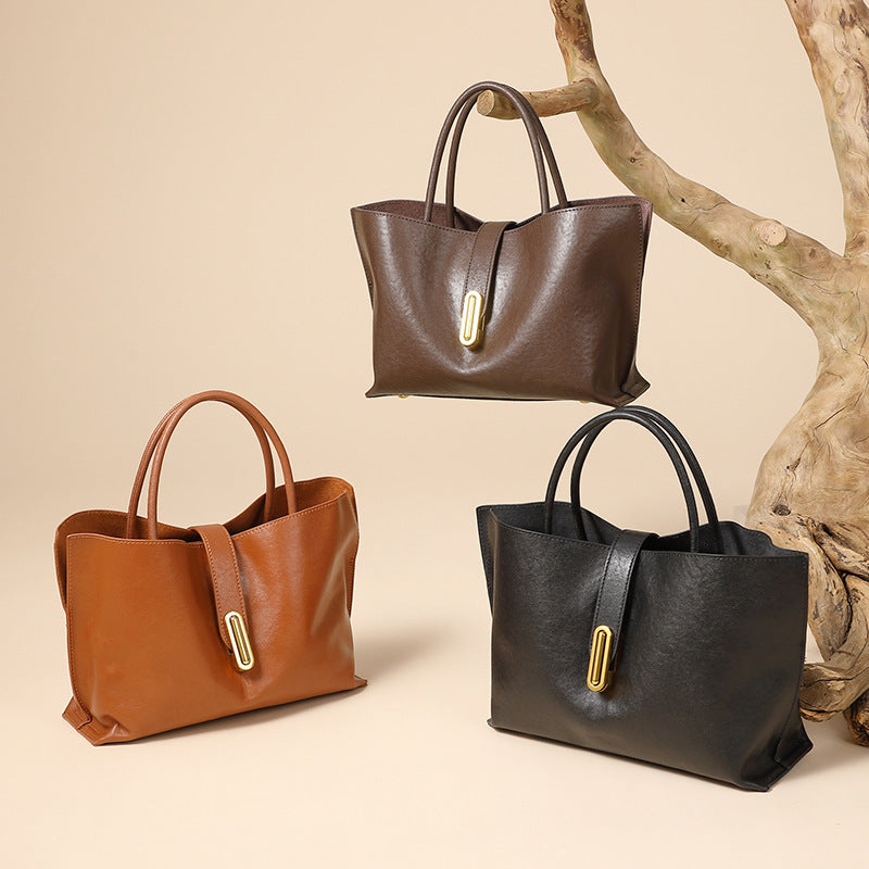 Genuine Leather Women's Crossbody Tote Bag - Vintage Style with Golden-Tone Buckle Closure