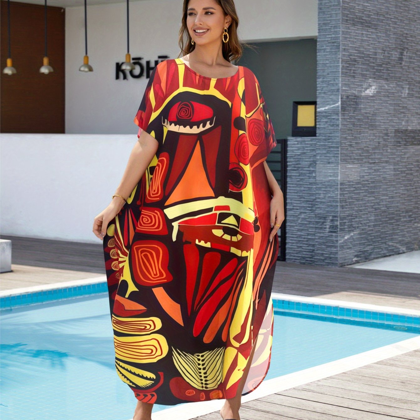 Women'S Plus Size Round Neck Short Sleeve Kaftan Dress Swimwear Tunic for Poolside & Tropical Vacation, Loose Fit Boho